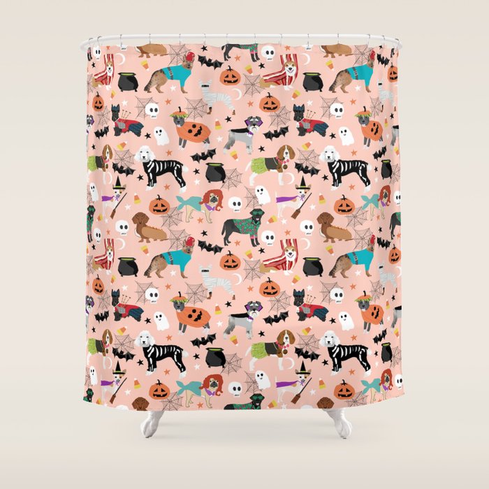 Dogs halloween costumes cute pumpkin ghost skeleton witch trick or treat Shower Curtain Gallery Image 1
