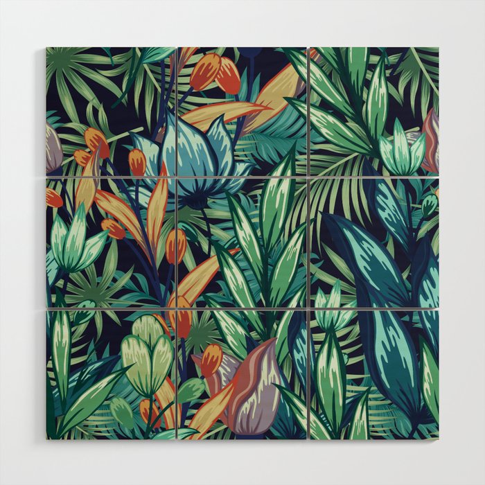 Tropical Jungle Colorful Garden, Floral Prints Wood Wall Art Gallery Image 1