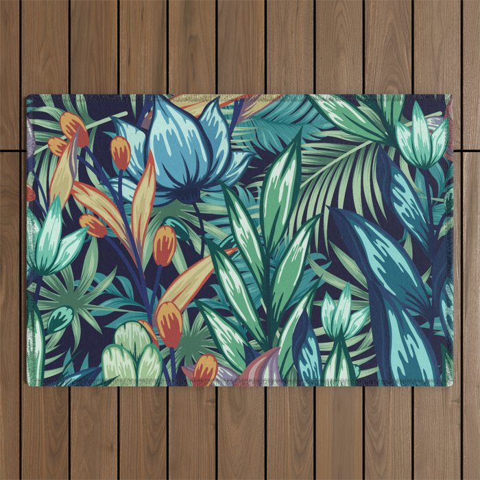Tropical Jungle Colorful Garden, Floral Prints Outdoor Rug Gallery Image 1
