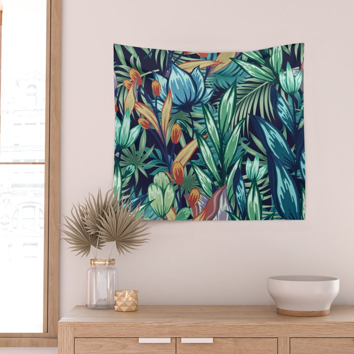 Tropical Jungle Colorful Garden, Floral Prints Wall Tapestry Gallery Image 2