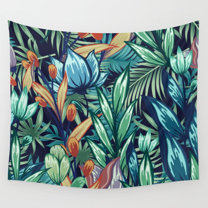 Tropical Jungle Colorful Garden, Floral Prints Wall Tapestry Gallery Image 4