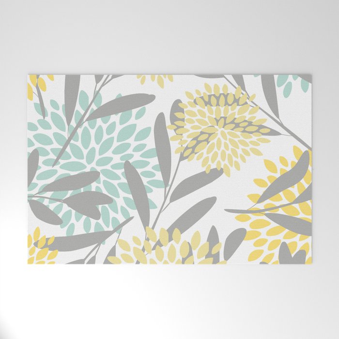 Floral Prints, Leaves and Blooms, Gray, Yellow and Aqua Welcome Mat Gallery Image 1