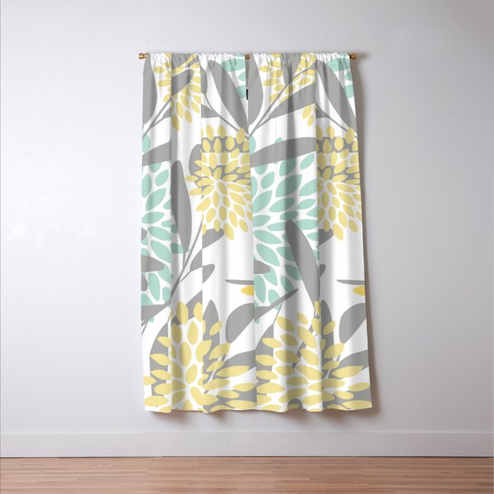 Floral Prints, Leaves and Blooms, Gray, Yellow and Aqua Window Curtain Gallery Image 3