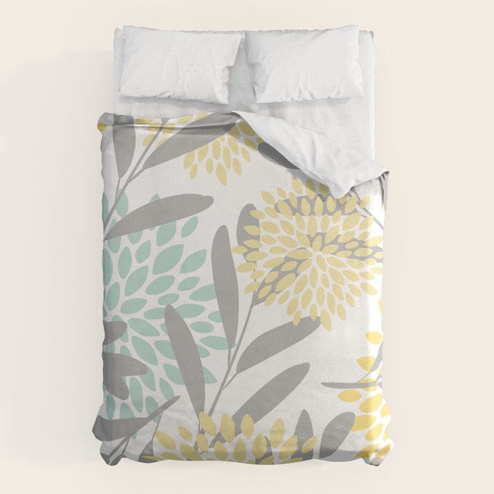 Floral Prints, Leaves and Blooms, Gray, Yellow and Aqua Duvet Cover Gallery Image 1