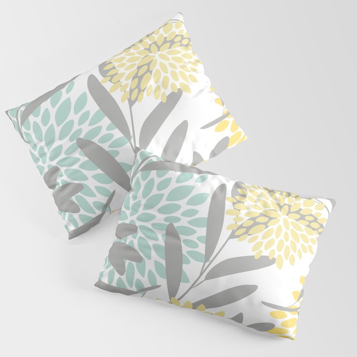 Floral Prints, Leaves and Blooms, Gray, Yellow and Aqua Pillow Sham Gallery Image 3