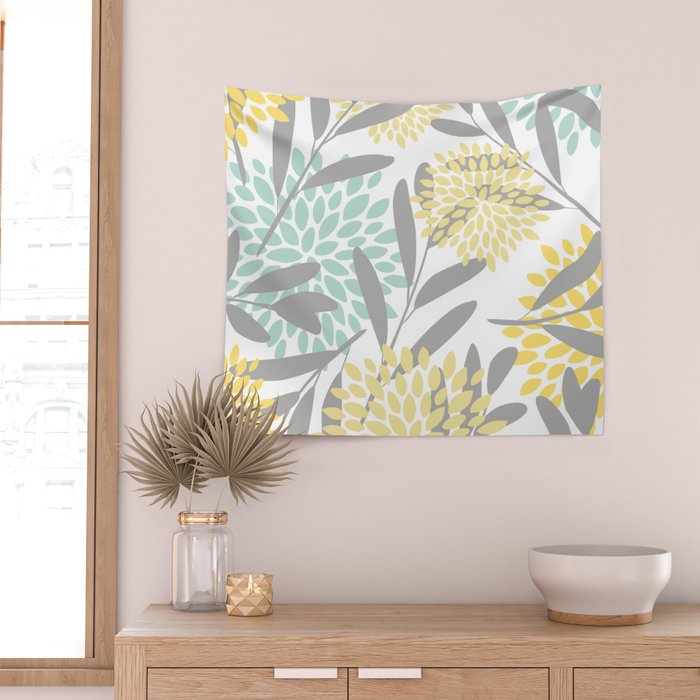 Floral Prints, Leaves and Blooms, Gray, Yellow and Aqua Wall Tapestry Gallery Image 2