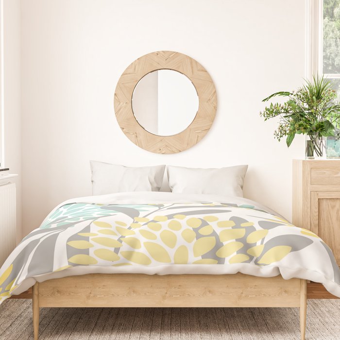 Floral Prints, Leaves and Blooms, Gray, Yellow and Aqua Duvet Cover Gallery Image 3