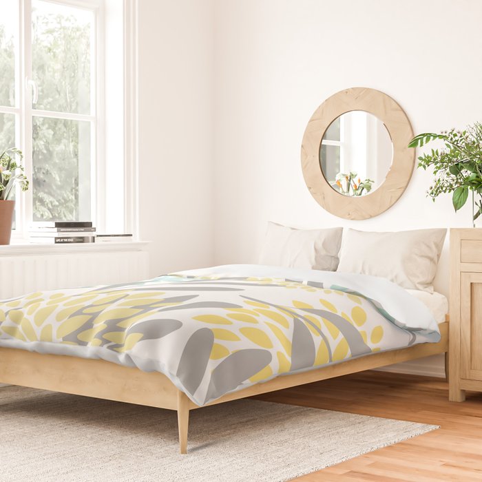 Floral Prints, Leaves and Blooms, Gray, Yellow and Aqua Duvet Cover Gallery Image 2