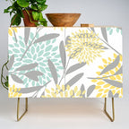 Floral Prints, Leaves and Blooms, Gray, Yellow and Aqua Credenza Gallery Image 1