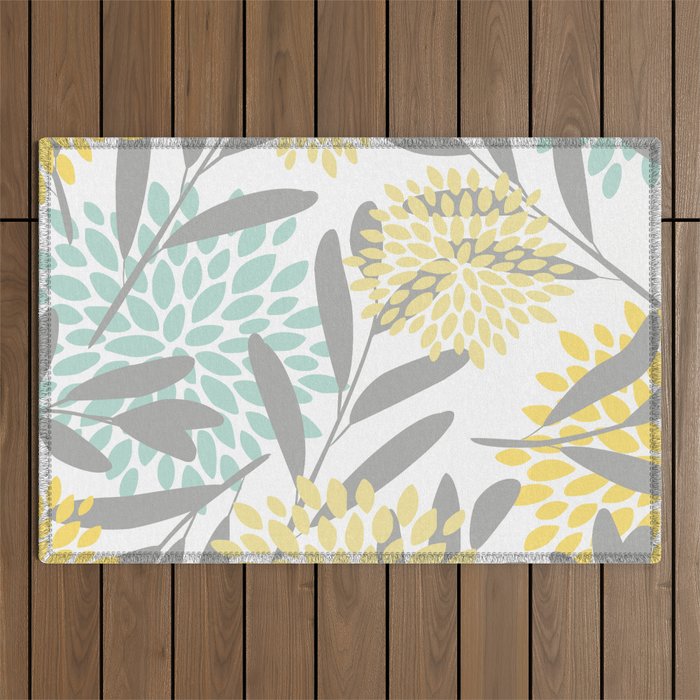 Floral Prints, Leaves and Blooms, Gray, Yellow and Aqua Outdoor Rug Gallery Image 1