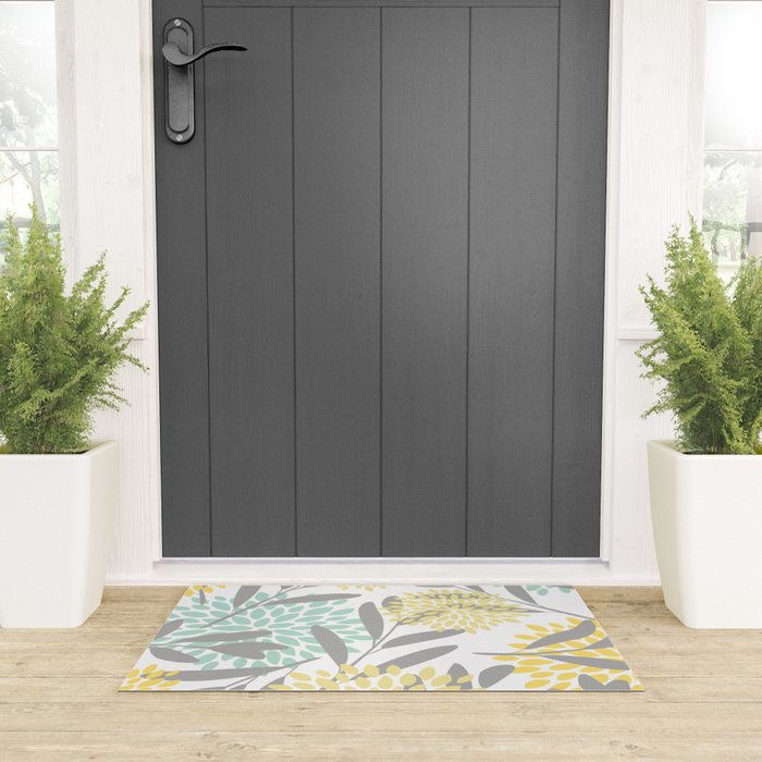 Floral Prints, Leaves and Blooms, Gray, Yellow and Aqua Welcome Mat Gallery Image 3