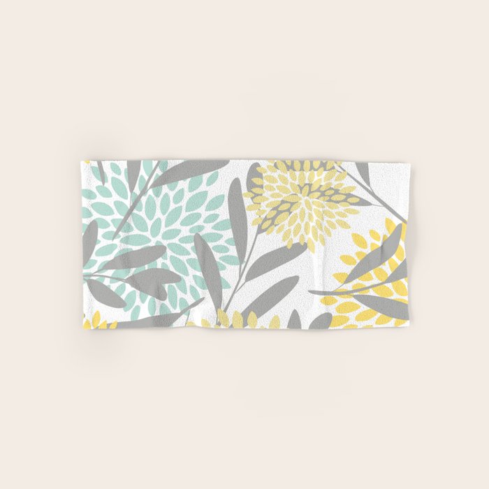 Floral Prints, Leaves and Blooms, Gray, Yellow and Aqua Bath Towel Gallery Image 1