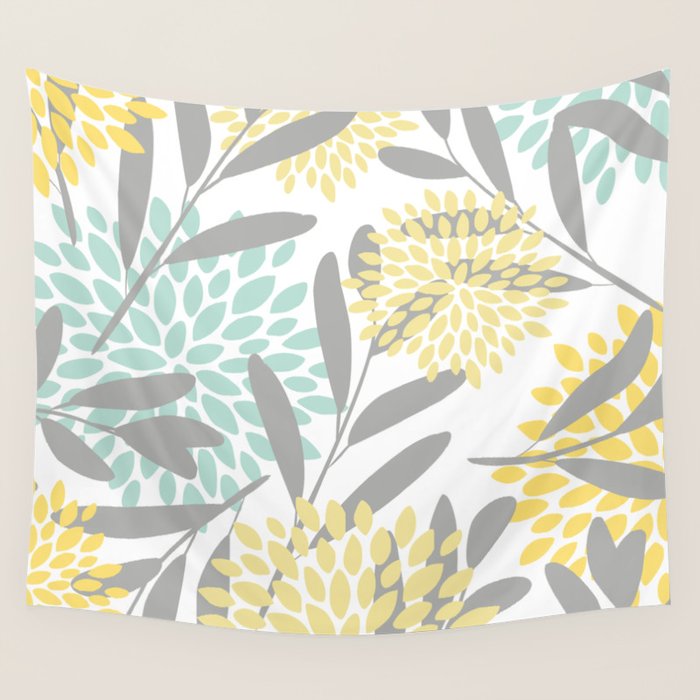 Floral Prints, Leaves and Blooms, Gray, Yellow and Aqua Wall Tapestry Gallery Image 1