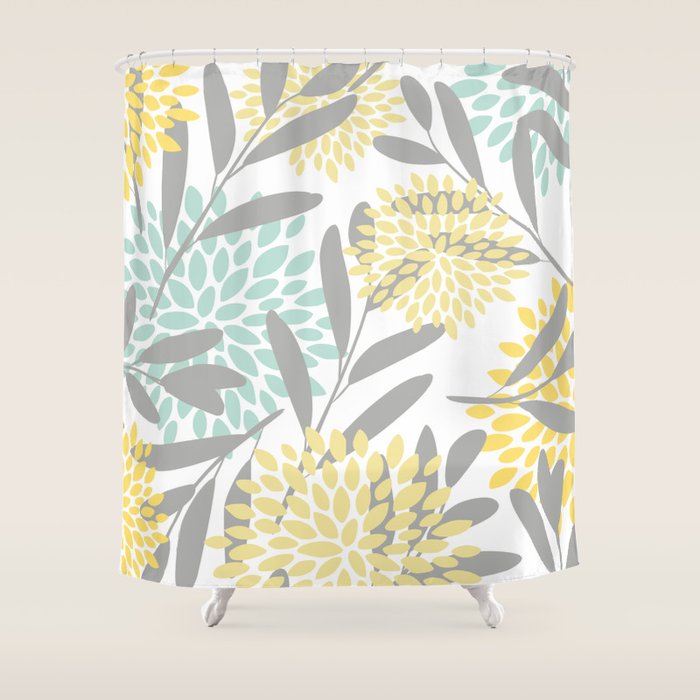 Floral Prints, Leaves and Blooms, Gray, Yellow and Aqua Shower Curtain Gallery Image 1