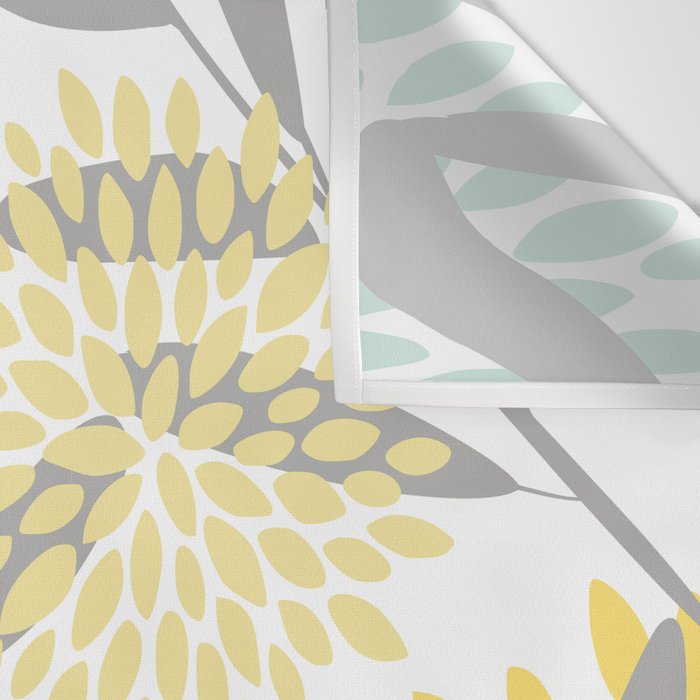 Floral Prints, Leaves and Blooms, Gray, Yellow and Aqua Wall Tapestry Gallery Image 3