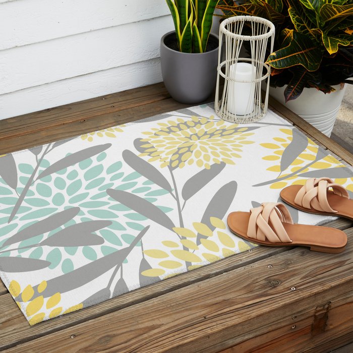 Floral Prints, Leaves and Blooms, Gray, Yellow and Aqua Outdoor Rug Gallery Image 2