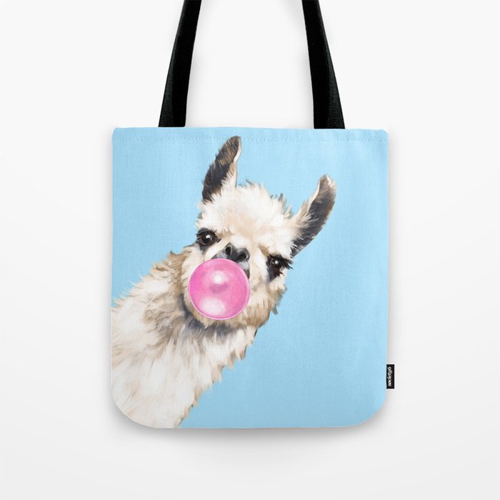 Bubble Gum Sneaky Llama in Blue Tote Bag Gallery Image 1