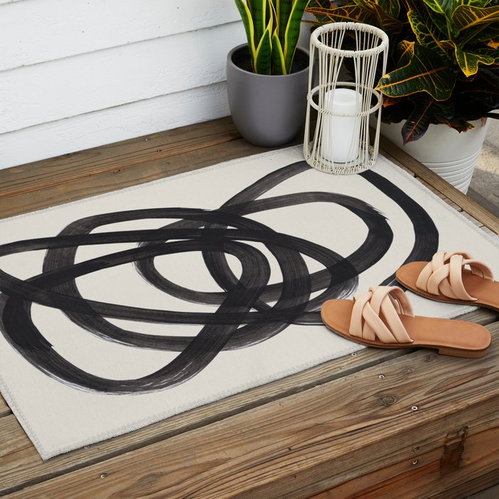 Mid Century Modern Minimalist Abstract Art Brush Strokes Black & White Ink Art Spiral Circles Outdoor Rug Gallery Image 2