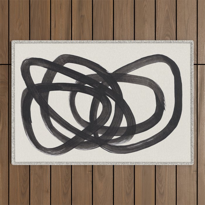 Mid Century Modern Minimalist Abstract Art Brush Strokes Black & White Ink Art Spiral Circles Outdoor Rug Gallery Image 1