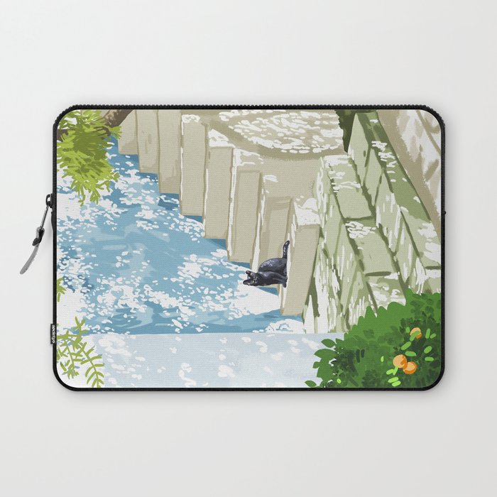 Black cat on the steps Poster, Greece Santorini summer travel pet painting Laptop Sleeve Gallery Image 1