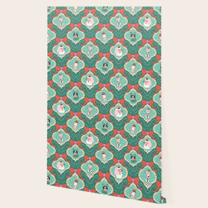 Christmas Dogs Festive Furry Holiday Ornaments Damask Dark Green  Wallpaper Gallery Image 2