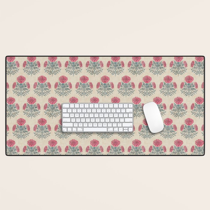 Marigold - pink and teal on linen Desk Mat Gallery Image 1