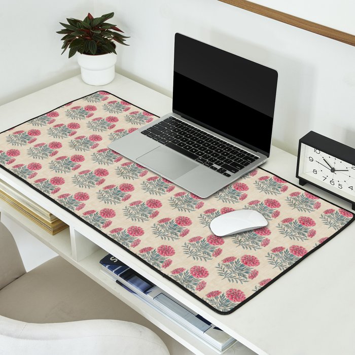 Marigold - pink and teal on linen Desk Mat Gallery Image 2