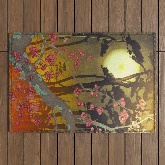 Night of Lights - Forest Nature Ukiyo Landscape in Yellow, Orange, Red & Black Outdoor Rug Gallery Image 1