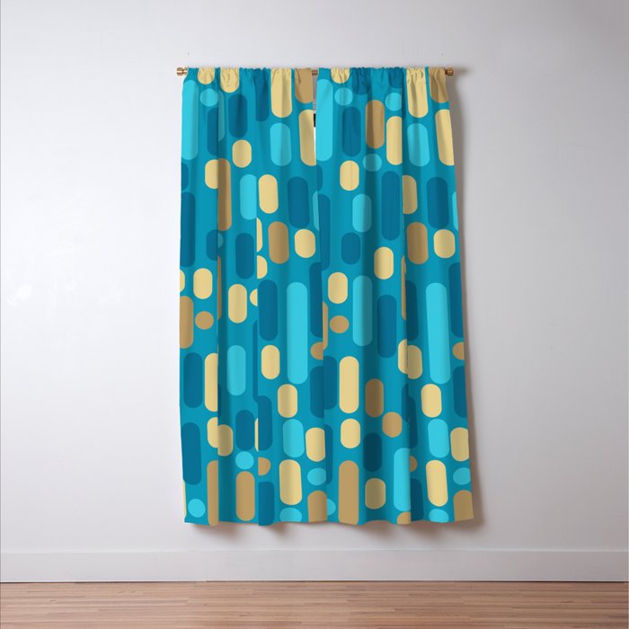 Morningside Heights Mid Century Modern Pattern in Peacock Blue and Gold Window Curtain Gallery Image 3