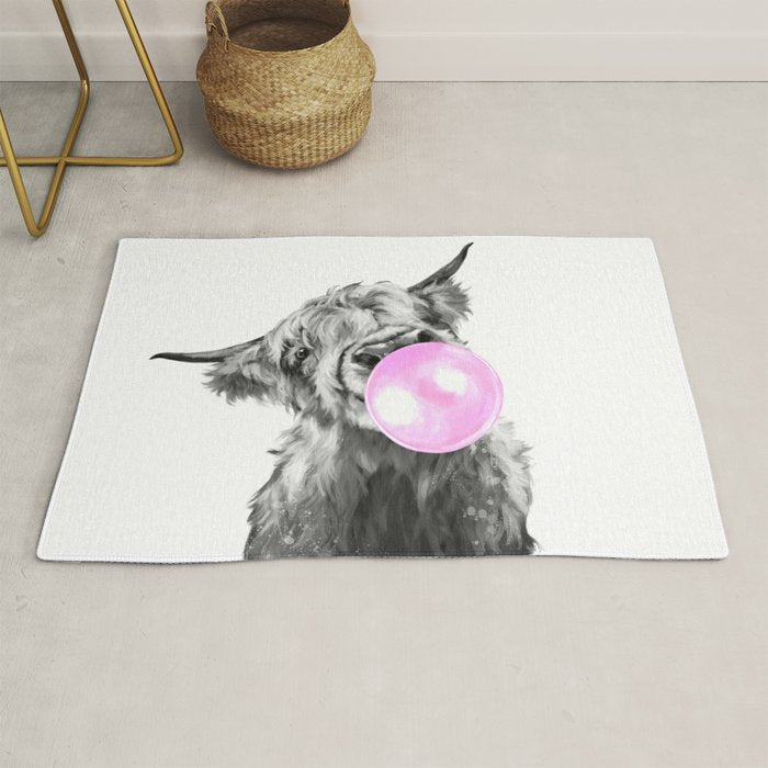 Bubble Gum Highland Cow Black and White Rug Gallery Image 1