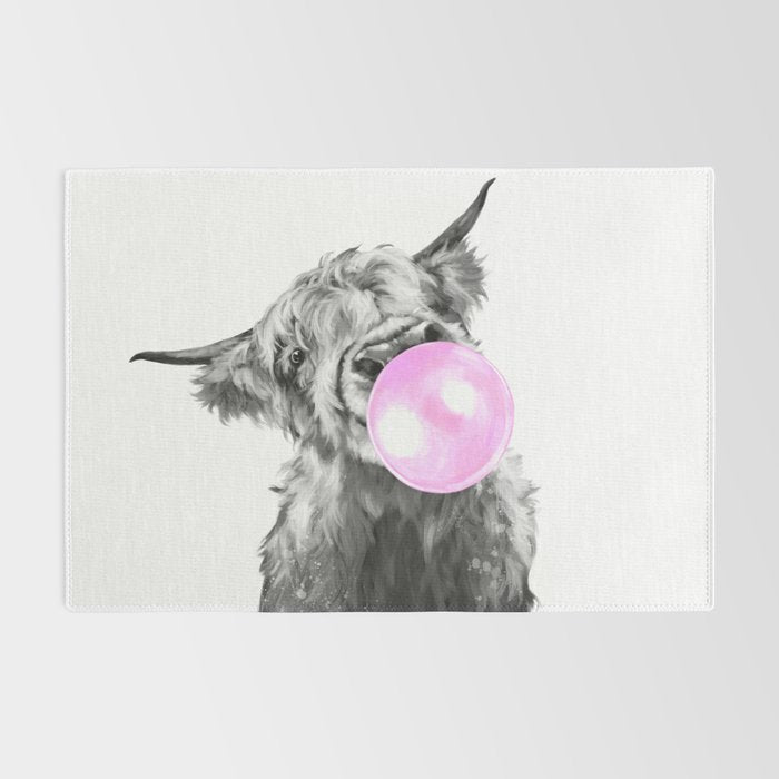 Bubble Gum Highland Cow Black and White Rug Gallery Image 2