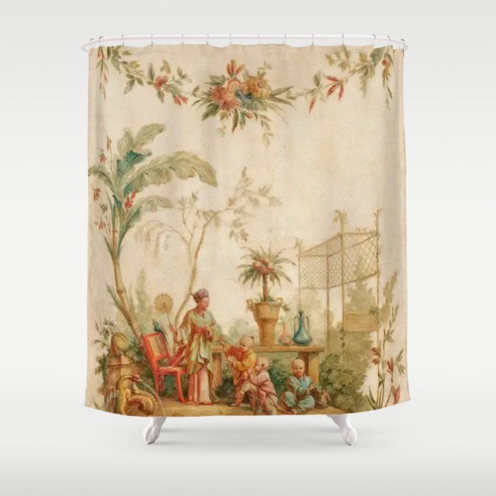 Antique 18th Century Chinoiserie Scene Jean Baptiste Pillement Shower Curtain Gallery Image 1