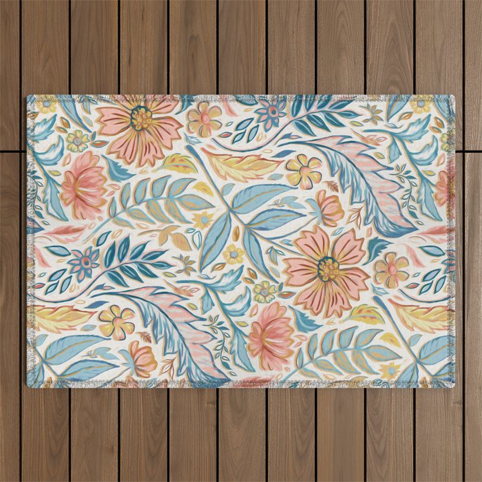 Soft Peach and Blue Art Nouveau Floral Outdoor Rug Gallery Image 1
