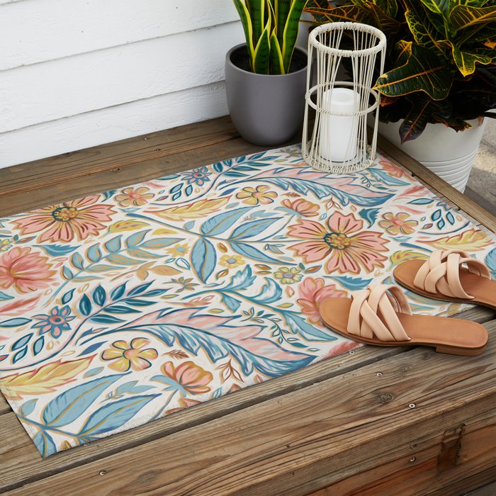 Soft Peach and Blue Art Nouveau Floral Outdoor Rug Gallery Image 2