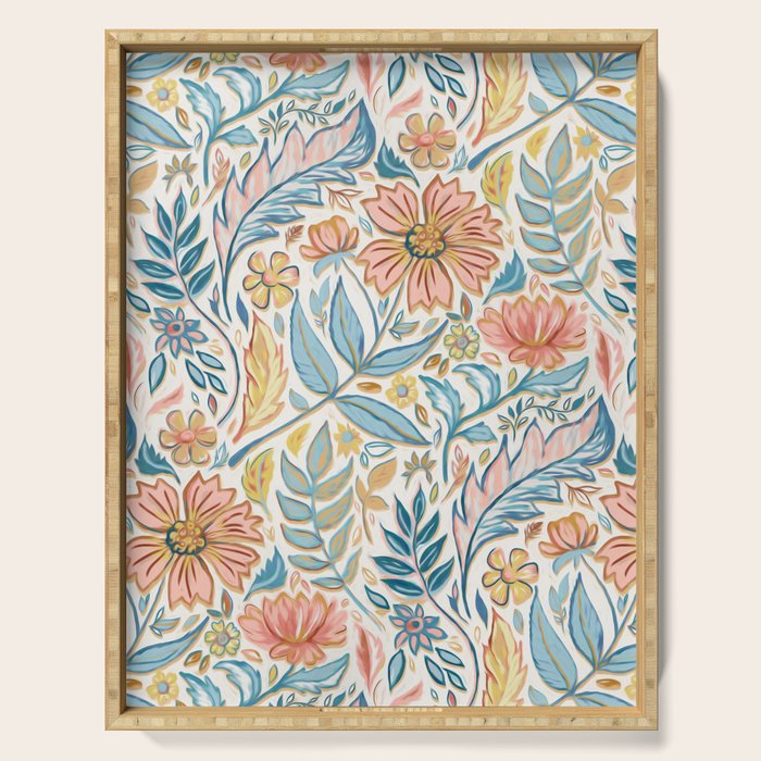 Soft Peach and Blue Art Nouveau Floral Serving Tray Gallery Image 1