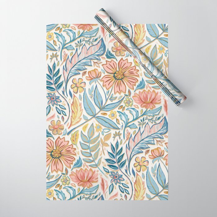 Soft Peach and Blue Art Nouveau Floral Wrapping Paper Gallery Image 1
