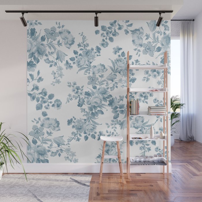 Vintage blue white bohemian elegant floral Wall Mural Gallery Image 1