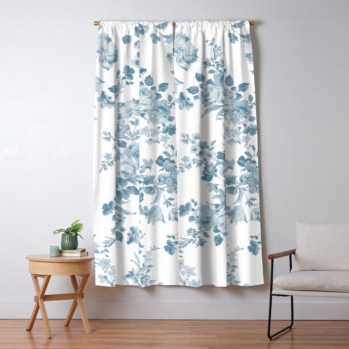 Vintage blue white bohemian elegant floral Window Curtain Gallery Image 1