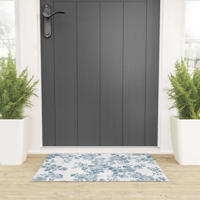 Vintage blue white bohemian elegant floral Welcome Mat Gallery Image 3