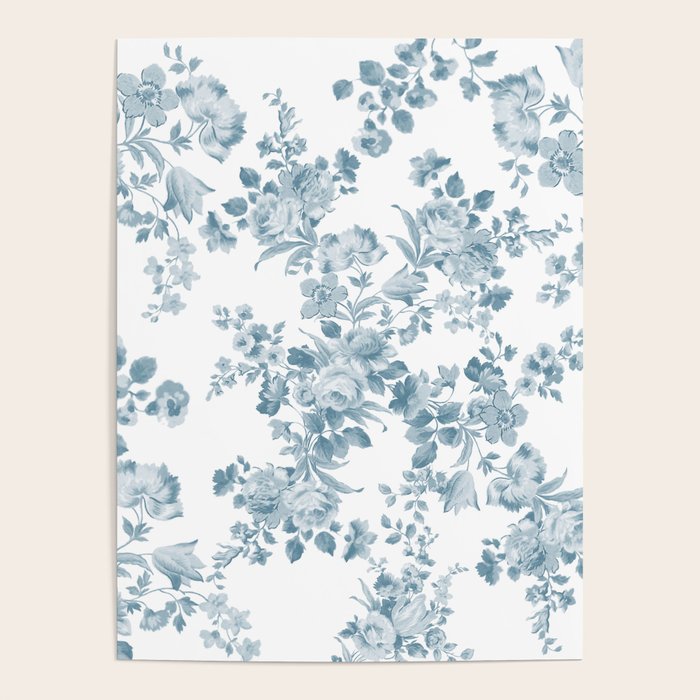 Vintage blue white bohemian elegant floral Poster Gallery Image 1
