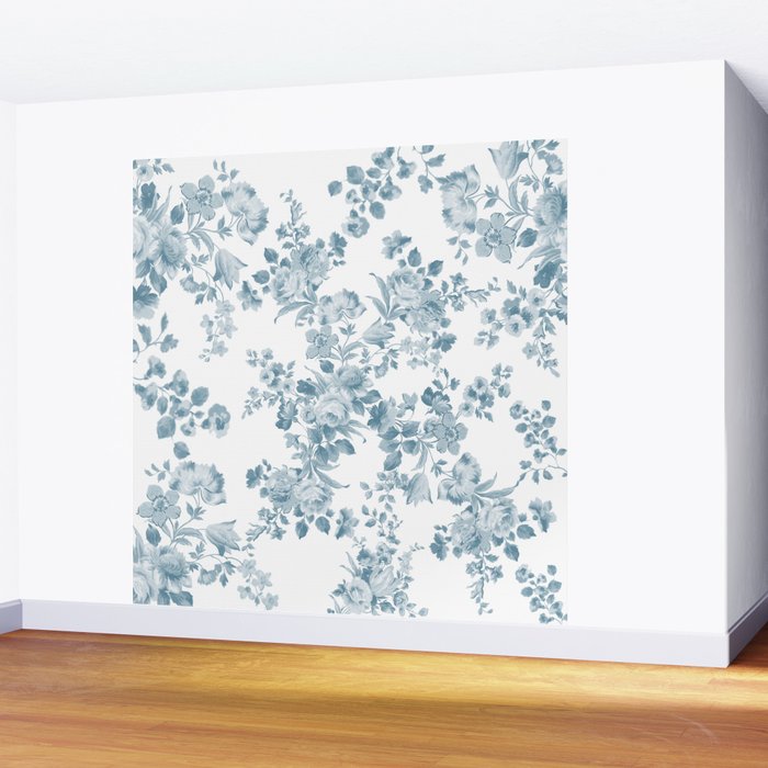 Vintage blue white bohemian elegant floral Wall Mural Gallery Image 2