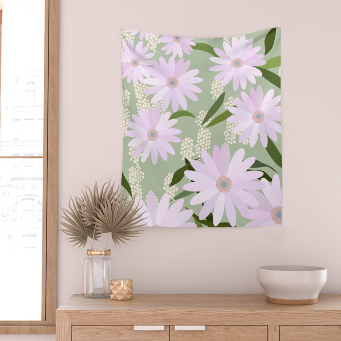 Playful Daisies | 01 - Lilac And Pastel Green Wall Tapestry Gallery Image 2