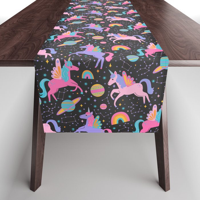 Space Unicorns - Neon Rainbow on Black Table Runner Gallery Image 1