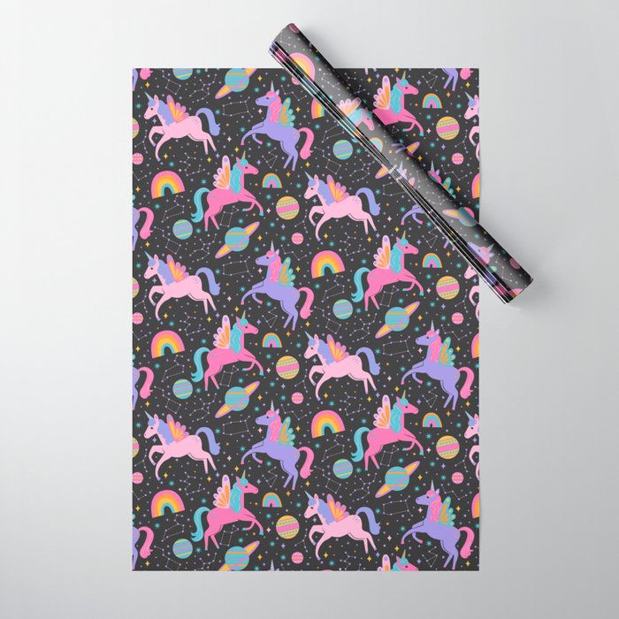 Space Unicorns - Neon Rainbow on Black Wrapping Paper Gallery Image 1