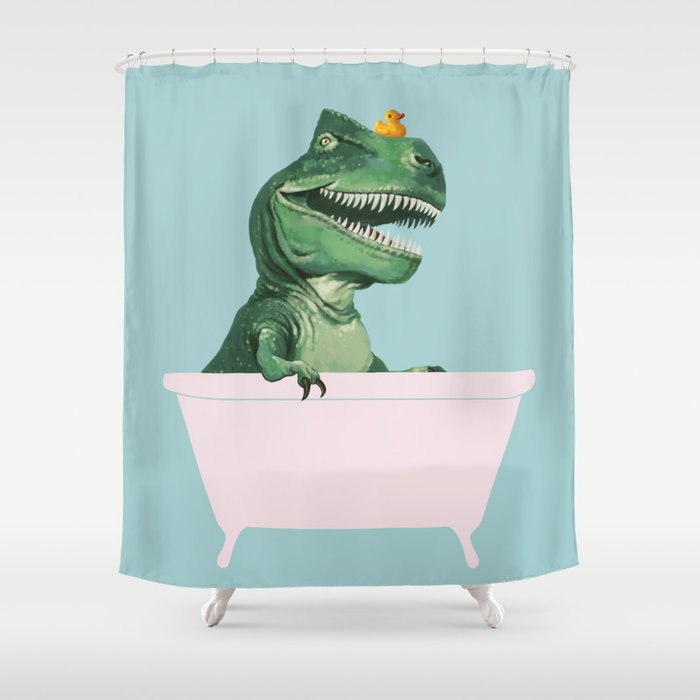 Playful T-Rex in Bathtub in Green Shower Curtain Gallery Image 1