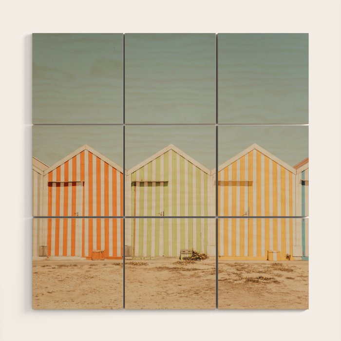 Pastel Candy Striped Beach Huts - summer beach photography by Ingrid Beddoes Wood Wall Art Gallery Image 1