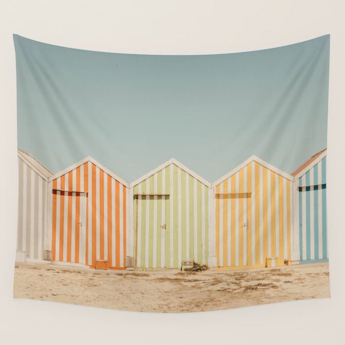 Pastel Candy Striped Beach Huts - summer beach photography by Ingrid Beddoes Wall Tapestry Gallery Image 4