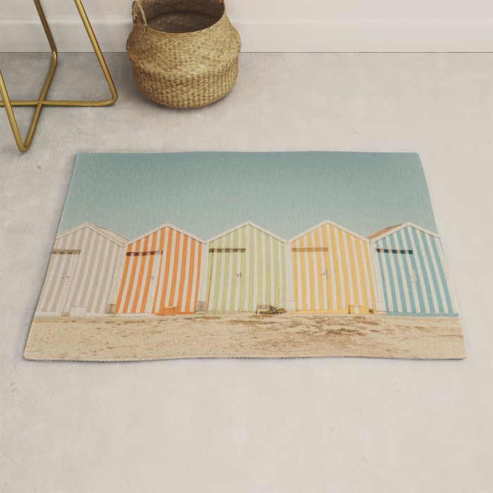 Pastel Candy Striped Beach Huts - summer beach photography by Ingrid Beddoes Rug Gallery Image 1