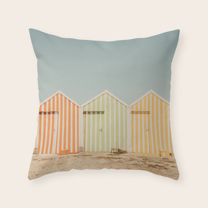 Pastel Candy Striped Beach Huts - summer beach photography by Ingrid Beddoes Throw Pillow Gallery Image 6