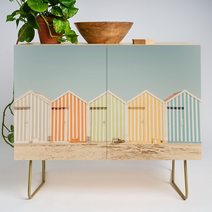 Pastel Candy Striped Beach Huts - summer beach photography by Ingrid Beddoes Credenza Gallery Image 1